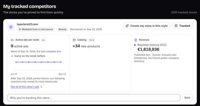 My tracked competitors: the ad activity of each tracked store
