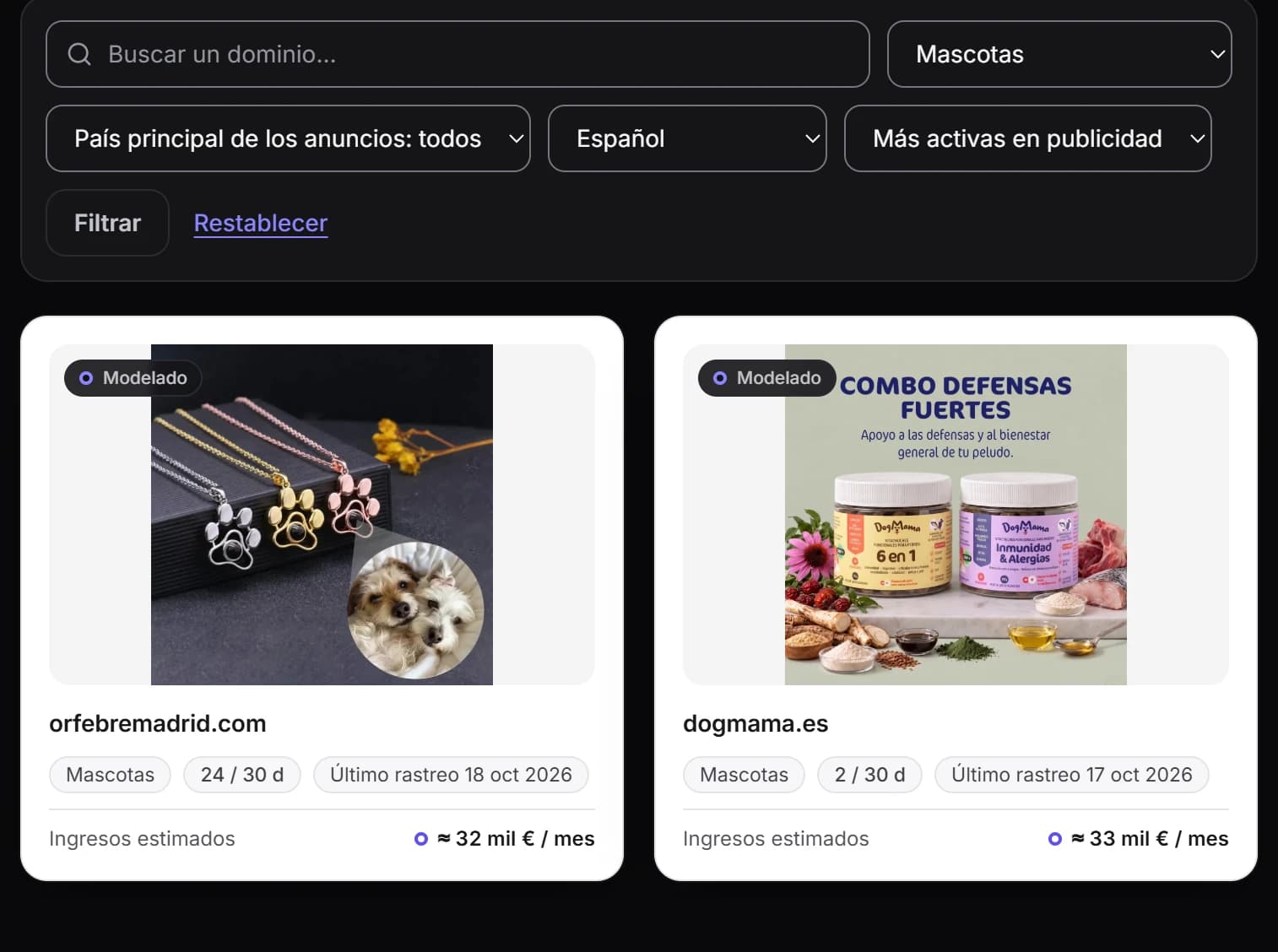 La lista de tiendas de la sección Búsqueda: sector, actividad publicitaria e ingresos de cada tienda