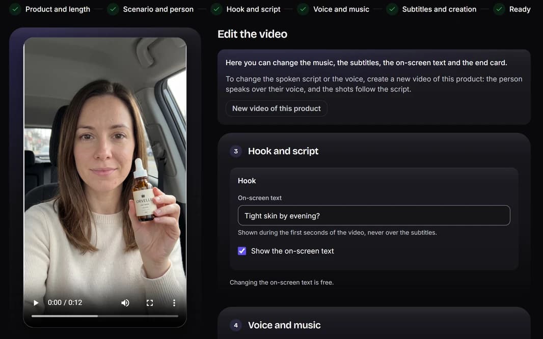 A UGC ad ready in Vueko: a person created by AI presents the product to camera, next to the video's settings