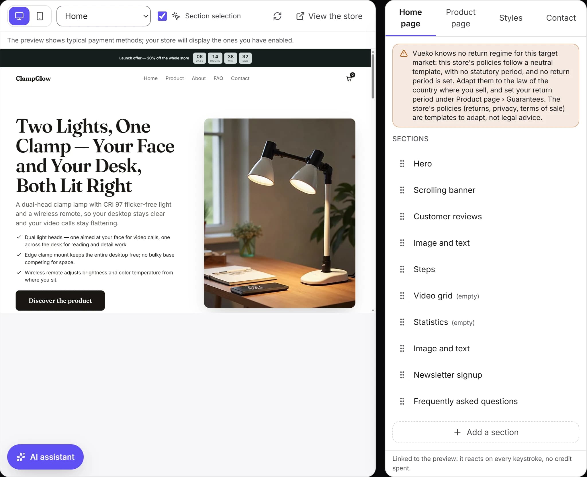 The generated store's editor: the page preview, the offer countdown at the top and the sections to edit