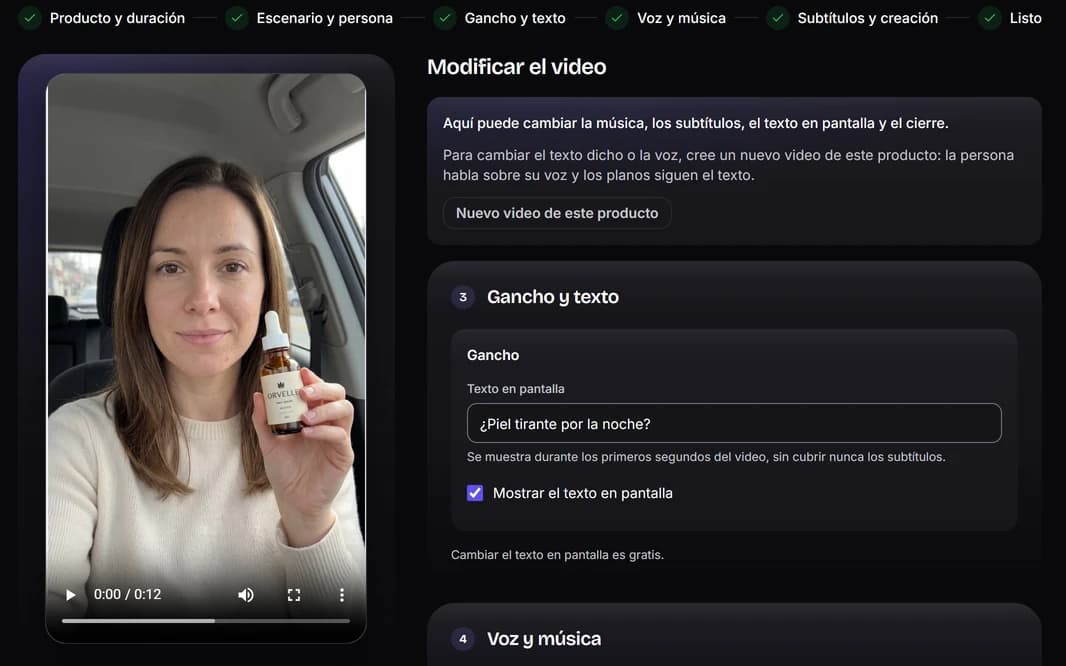 Un anuncio UGC listo en Vueko: una persona creada con IA presenta el producto frente a cámara, junto a los ajustes del video