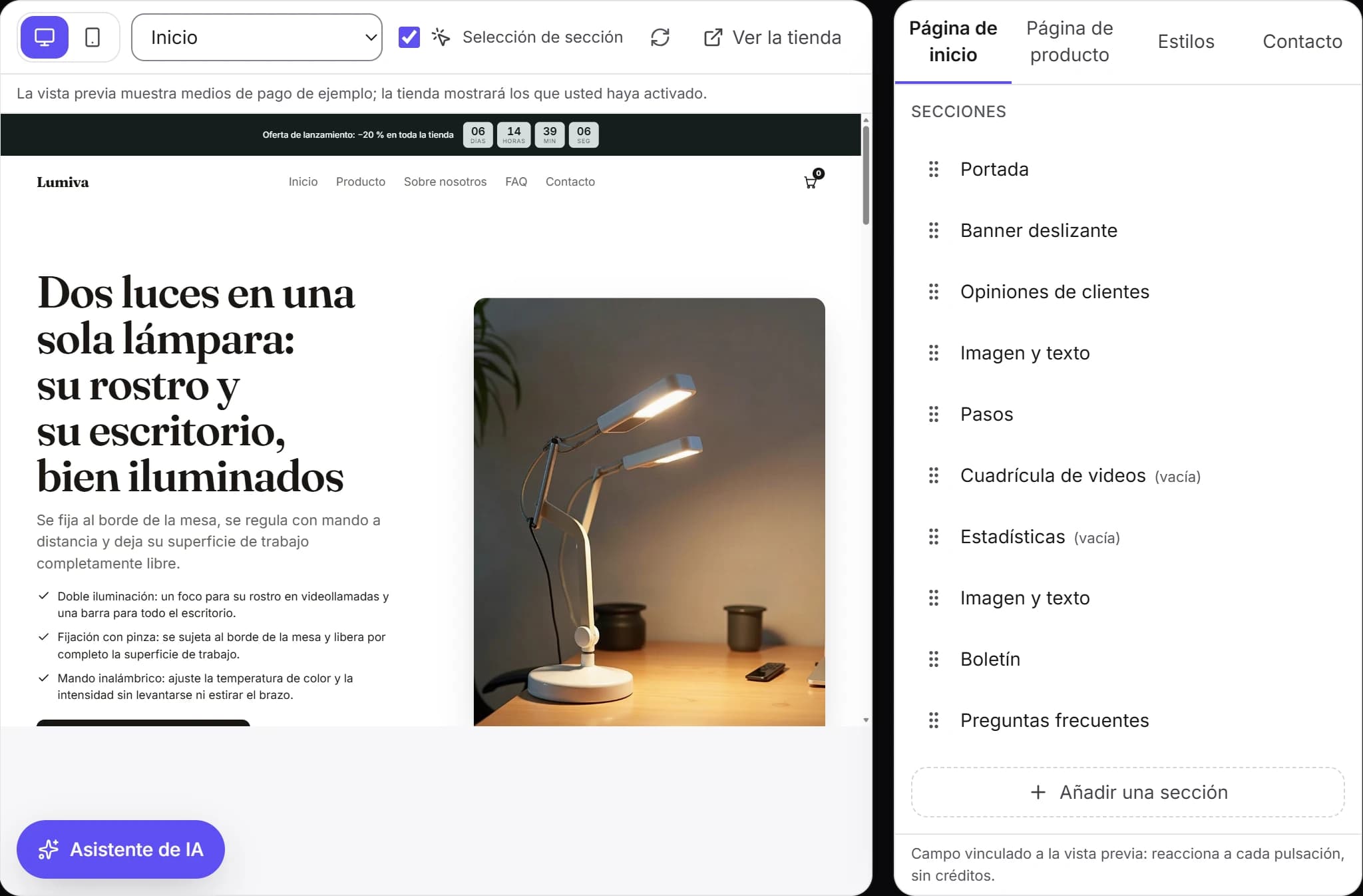 El editor de la tienda generada: la vista previa de la página, la cuenta atrás de la oferta arriba y las secciones que se pueden editar