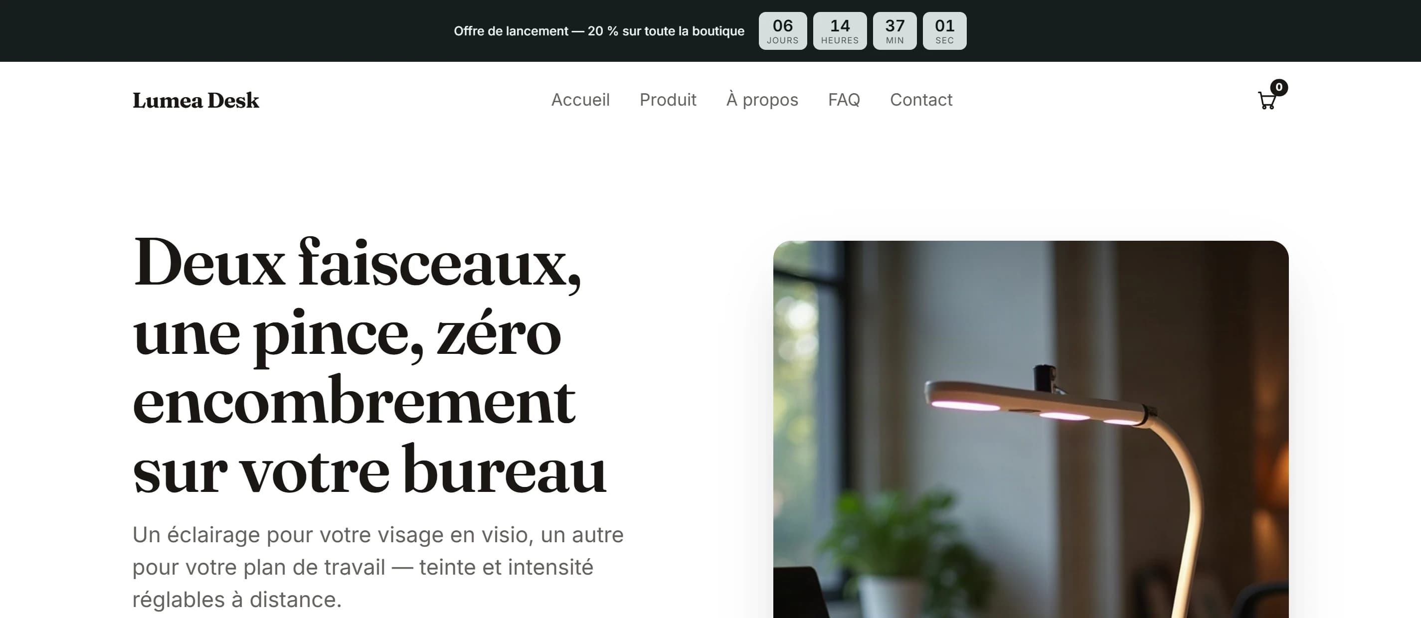 Une boutique générée par Vueko, avec le compte à rebours de l'offre en haut