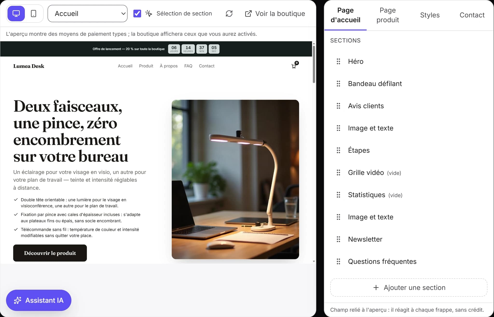 L'éditeur de la boutique générée : l'aperçu de la page, le compte à rebours de l'offre en haut et les sections à modifier