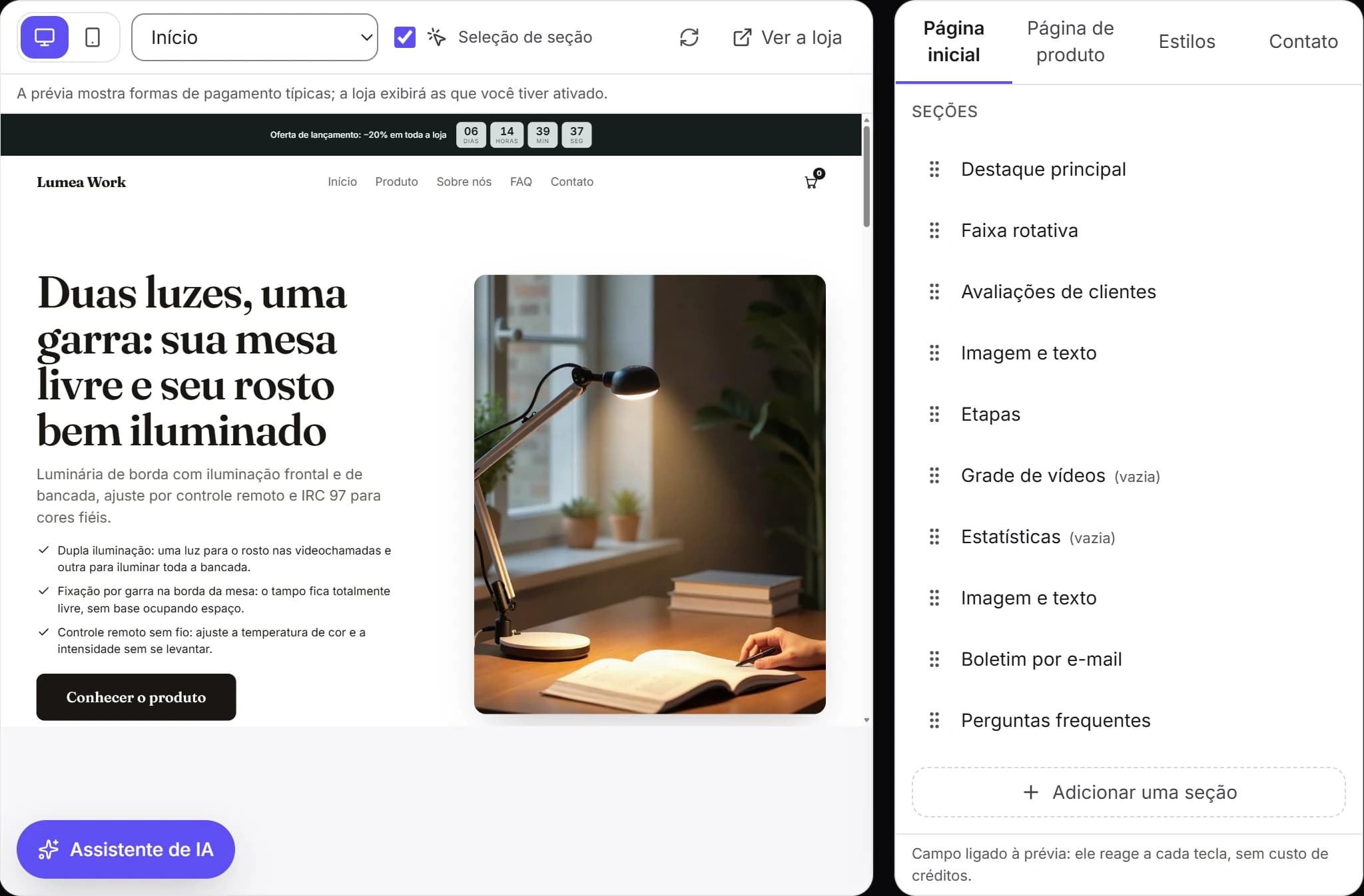 O editor da loja gerada: a prévia da página, a contagem regressiva da oferta no topo e as seções para editar