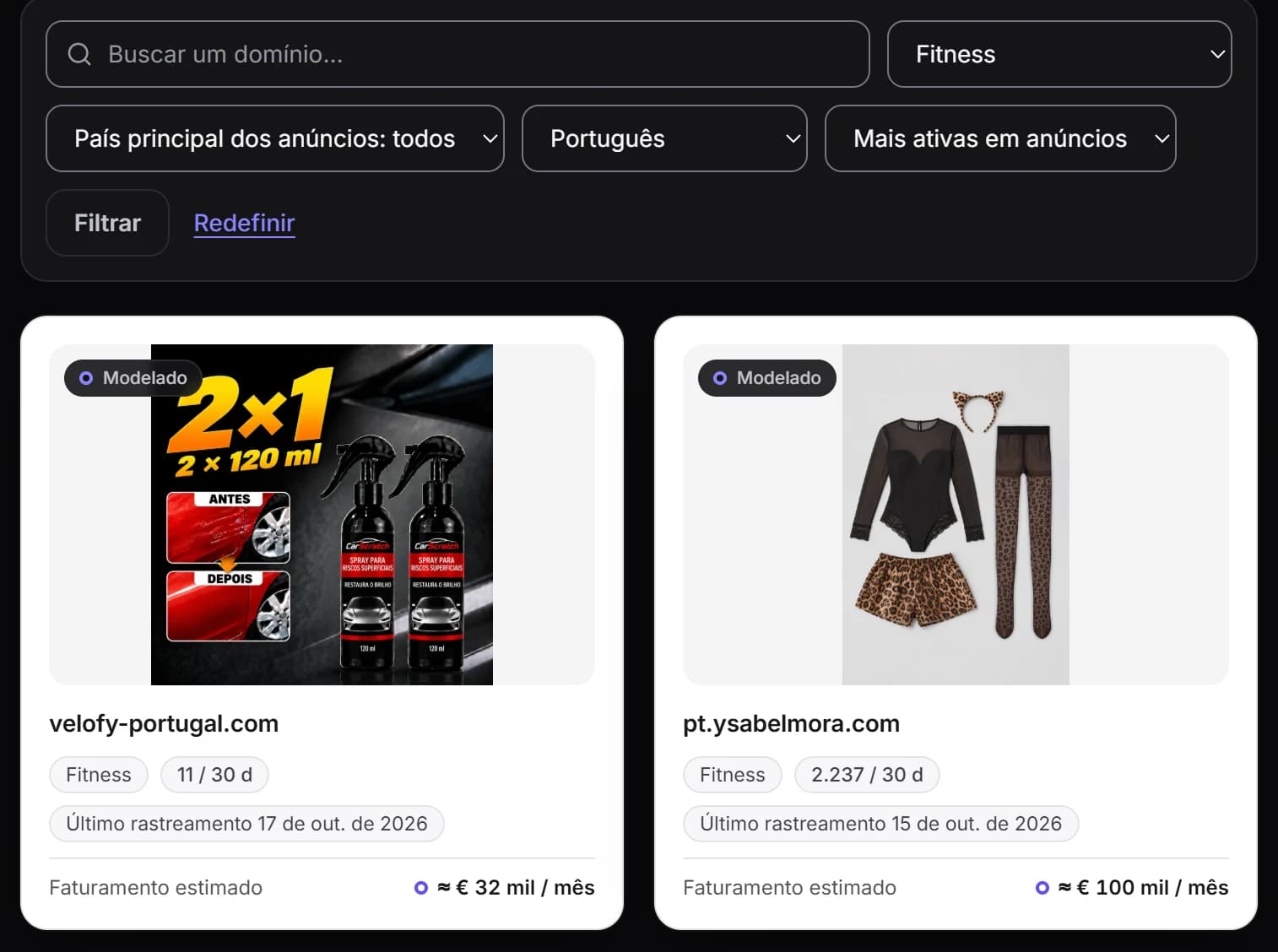 A lista de lojas no Vueko, as mais ativas em anúncios primeiro: para cada loja Shopify, o nicho, as novidades em 30 dias e o faturamento, declarado ou estimado